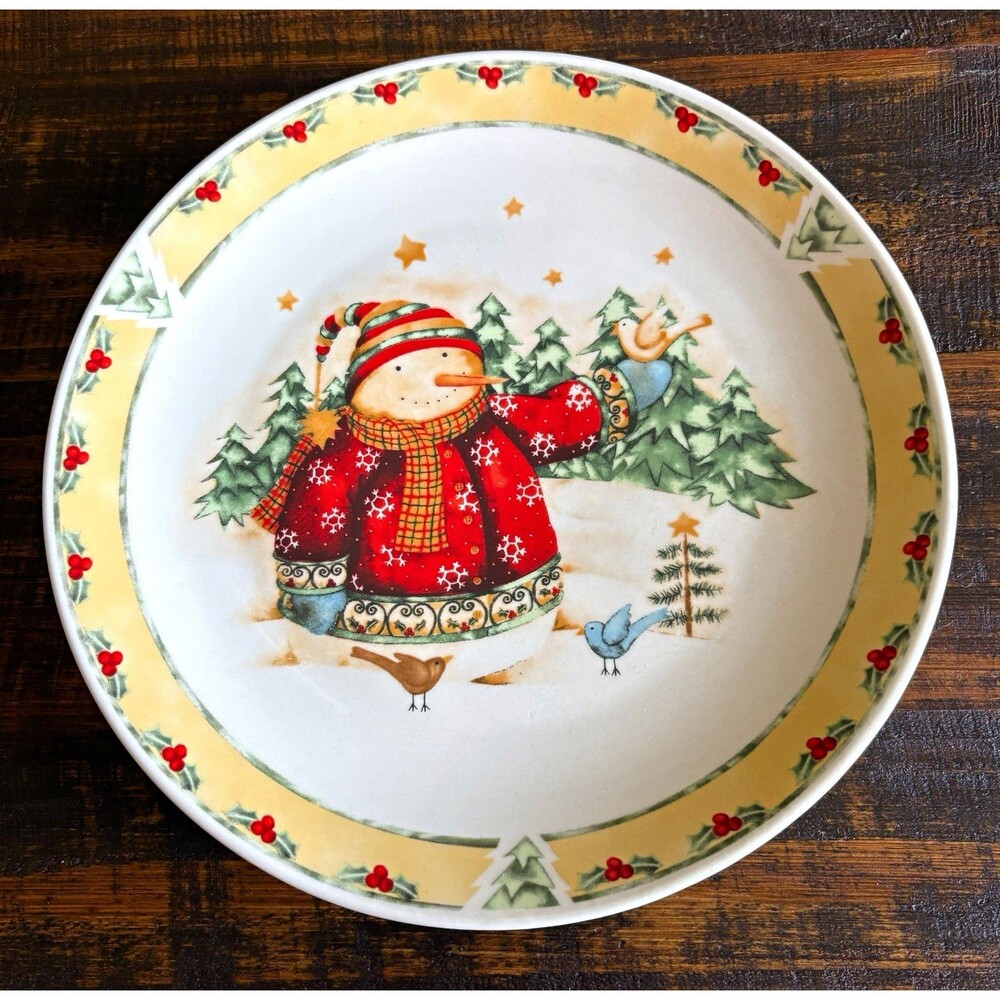 home Set of 2 Stoneware Snowman Christmas Plates 10” Dishwasher Microwave Safe